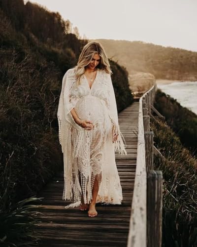 Flybridal Boho Wedding Maternity Dress for Photoshoot Tassels Lace Pregnancy Dress Full Sleeve V- Neckline Maxi Gown for Baby Shower Medium Ivory