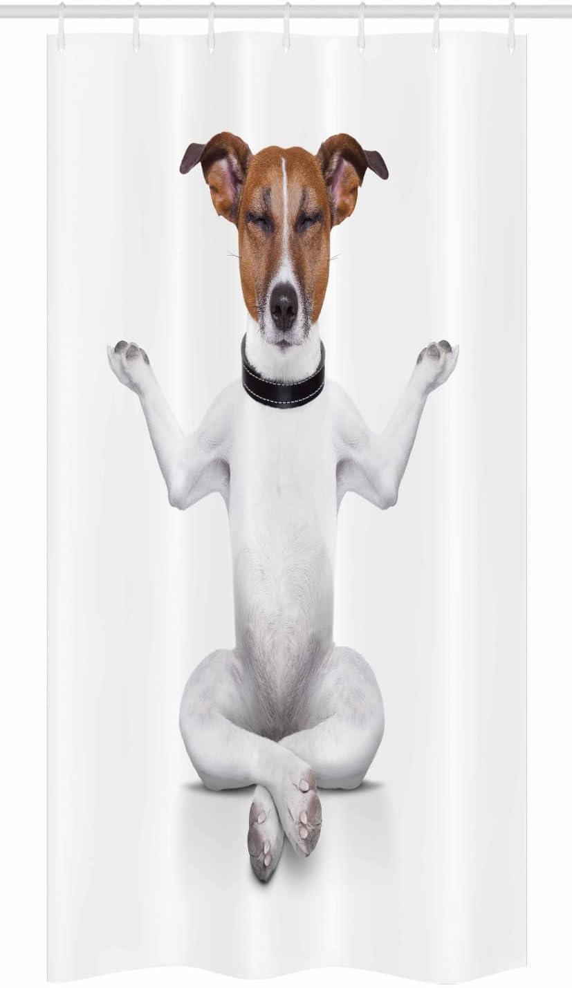 Ambesonne Dog Lover Stall Shower Curtain, Yoga Animal Sitting Relaxed Closed Eyes Meditation Lifestyle Fitness Joy Comic, Fabric Bathroom Decor Set with Hooks, 36" W x 72" L, White Brown