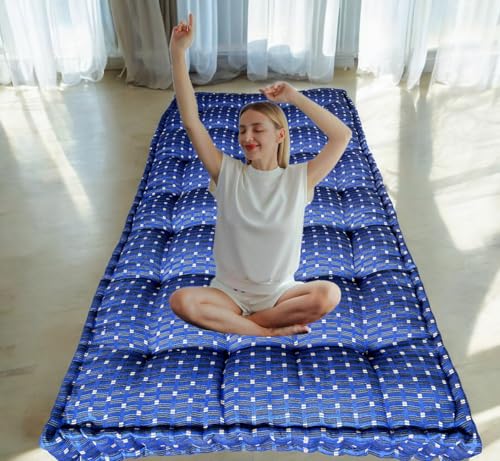 Image of Adim's Traditional Indian Premium Blue Gadda Box Mattress, 5 x 6 Feet | Medium Firm, Cotton Quilt, Handcrafted, Floor Bedding