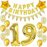 Decoración ideal de cumpleaños dorada número 19: con nuestro juego de decoración de cumpleaños puedes disfrutar del tiempo agradable y conservar un recuerdo perfecto. Toma fotos bonitas y recuerdos con nuestro juego de decoración.