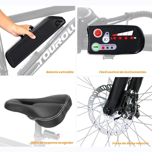 Miniatura 9 de Touroll Bicicleta Eléctrica, U1, Autonomía De , Motor , Batería Desmontable, Bici Electrica Equipada Con Un Amortiguador Delantero U1 29