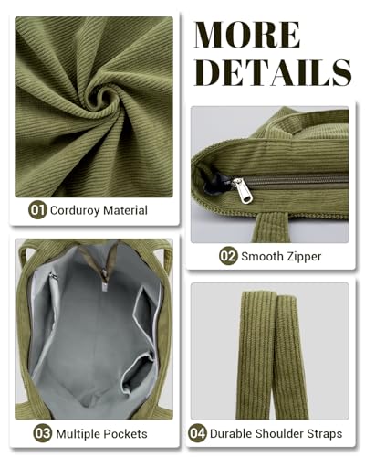 Image of Iioscre Corduroy Tote Bag for Women,Hobo HandBags with Zipper,Large Capacity Casual Shoulder Handbags with Inner Pockets