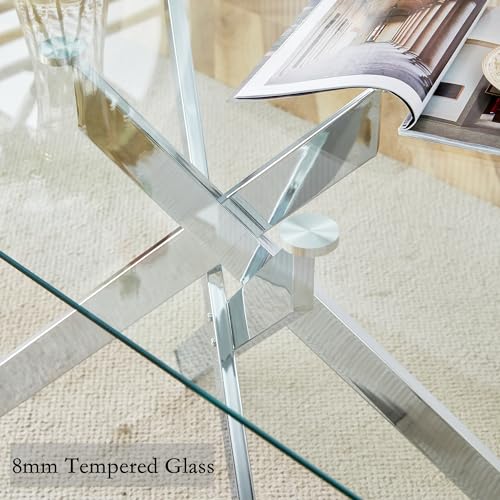 Glass Dining Table for 4 People, 51.2 Inches Rectangular Glass Kitchen Table with Silver Steel Legs, Modern Dining Room Table for Dinner Kitchen Dining Room - Thumbnail 4