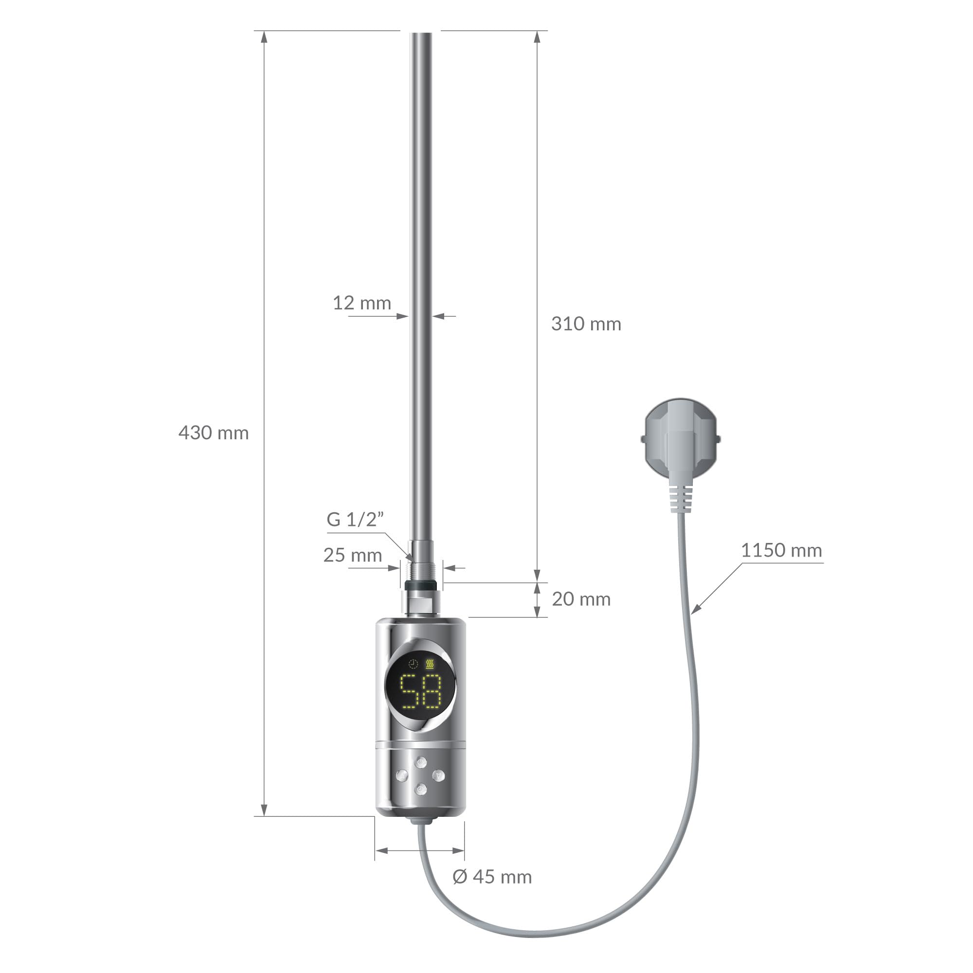 ML-Design Resistenza Elettrica 300 W a Immersione Asta di Riscaldamento per Calorifero Radiatore Termosifone con Termostato Controllo della Temperatura Bagno e Schermo LCD Design Moderno Cromo