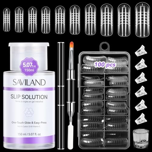 SAVILAND Poligel Slip-Solution Polygel: 150 ml Poly Gel Slip Solution Set de Uñas, Polygel Starter Set con cepillo de uñas de doble cara y 100 formas dobles para extensiones de uñas tú mismo