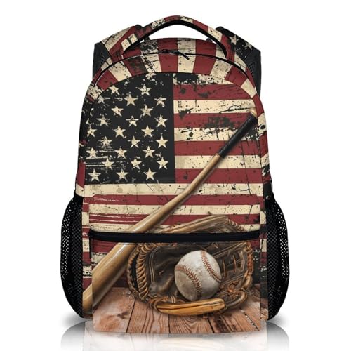 PAKKITOP Boys Backpack Baseball Backpacks for Kids Teens Baseball Lovers Flag Print Bookbag Sport Bag for Preschool Primary Middle