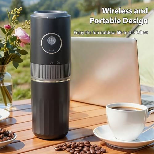 Image of Electric Coffee Machine Grinder and Pour Over Coffee Maker Portable Rechargeable Stainless Steel Cup 7 Grind Settings for Travel Camping Office Home (Black)