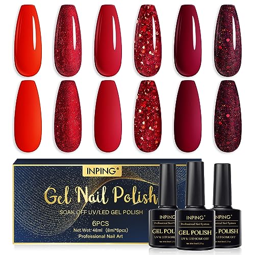 INPING - Esmalte semipermanente, 6 colores, rojo oscuro, rojo con purpurina, gel UV, para principiantes, 8 ml