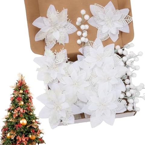 24 Pcs White Boxed Christmas Poinsettia Flowers Set, 16 Pcs Artificial Poinsettias with Clips, 8 pcs Glitter Christmas Tree Ornaments Berry Stems for Wedding Home Holiday Xmas New Year Decorations Cover