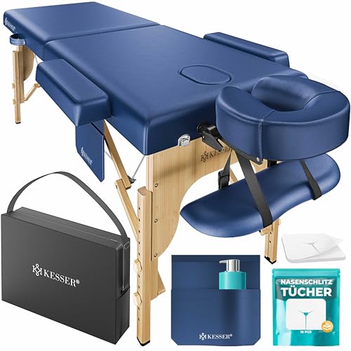 KESSER® Camilla de masaje móvil con pies de madera, plegable y regulable en altura, 2 zonas, mesa de masaje, mesa de masaje, tumbona ancha, reposacabezas y reposabrazos, incluye bolsa de transporte y