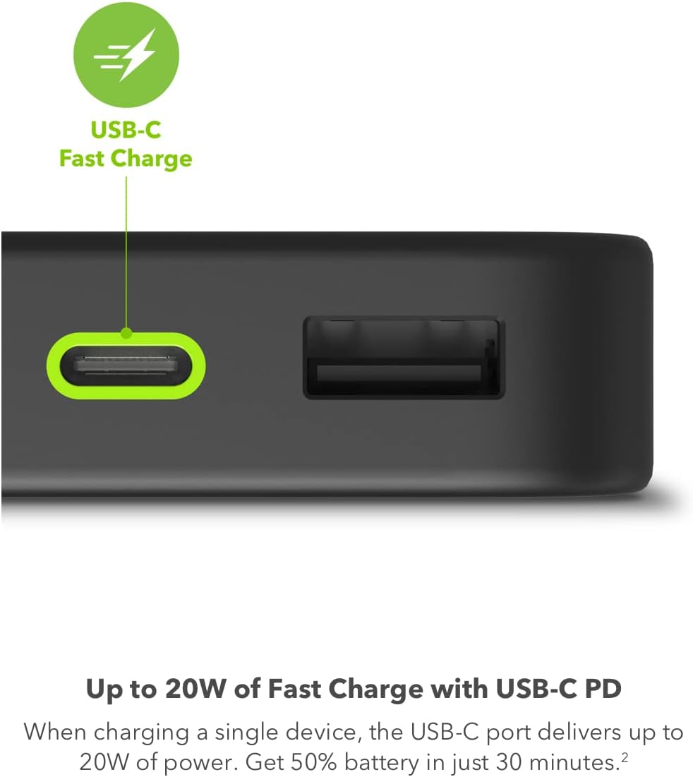 Close-up of the mophie Powerstation's USB-C port with a lightning bolt icon, indicating fast charging.