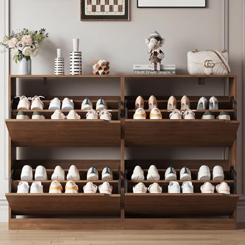 Image of Xixini Shoe Storage Cabinet for Entryway with 4 Flip Drawers, Sturdy Wood Hidden Shoe Storage, Freestanding Narrow Slim Shoe Organizer for Front Door Entrance, Living Room, Hallway, Bedroom, Walnut