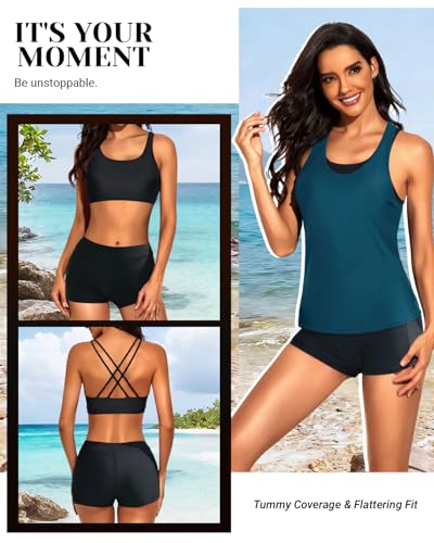 Image of 3 Piece Tankini Long Sleeve Swimsuits Athletic Rash Guard Bathing Suits | Modest,Full Coverage,High Waisted Short,Quick Dry,Criss Cross Back