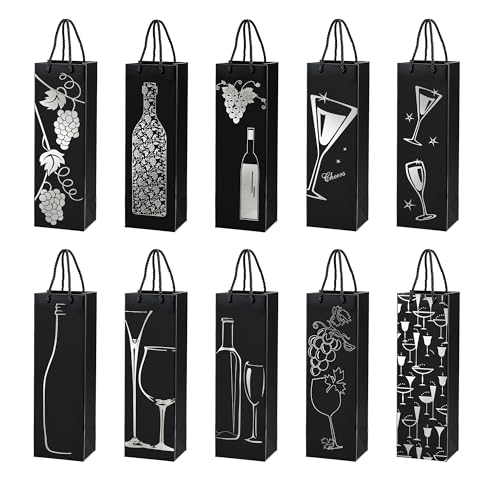 Hochwertige schwarz-silberne Flaschen Geschenktüten aus 260g Papier mit silberner Prägung 10er Geschenktüte Flasche Set standfeste Flaschentaschen für Wein Sekt & Champagner (35 × 11 × 9 cm)