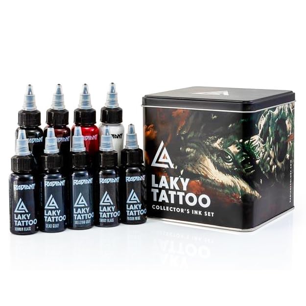Radiant Colors Laky Tattoo Gore Ink Set - 9 Colors - 1 Ounce Bottles - Collector's Ink Set