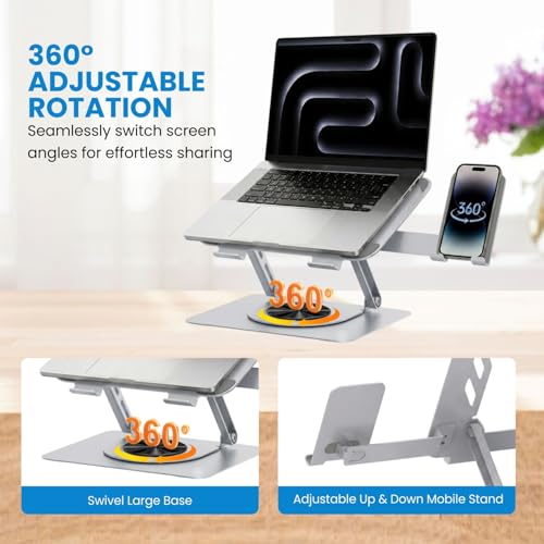 Image of Dyazo 360 Rotation 2 in 1 Laptop Stand with Mobile Holder | Multi Height & Angle Adjustable Design with Cooling Vent & Anti-Slip Pads | Compatible for MacBook, HP, Dell, Acer, Lenovo & More (Silver)