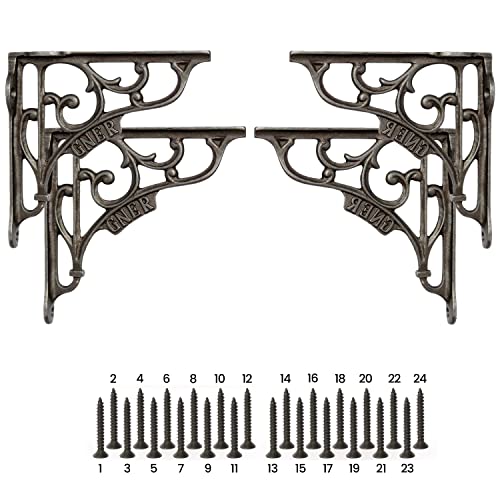Edenic 4pcs Scaffold Board Shelf Brackets - 5x5 Inch Cast Iron Heavy Duty Wall Bracket for Shelves with 24 Wall Mounted Screws 25mmx3.5mm for Kitchen, Living Room, Outdoor Countertop Support