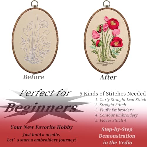 Image of FONNUY Ribbon Embroidery 3D Flowers Pattern Design Kit Embroidery DIY Handwork Set Oval Home Decoration (Red Rose)