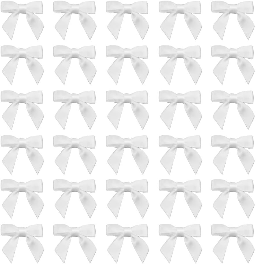 7Rainbows 50pcs Boutique 1.5" White Satin Ribbon Mini Bows for Craft Sewing Scrapbooking Wedding and Gift Wrapping