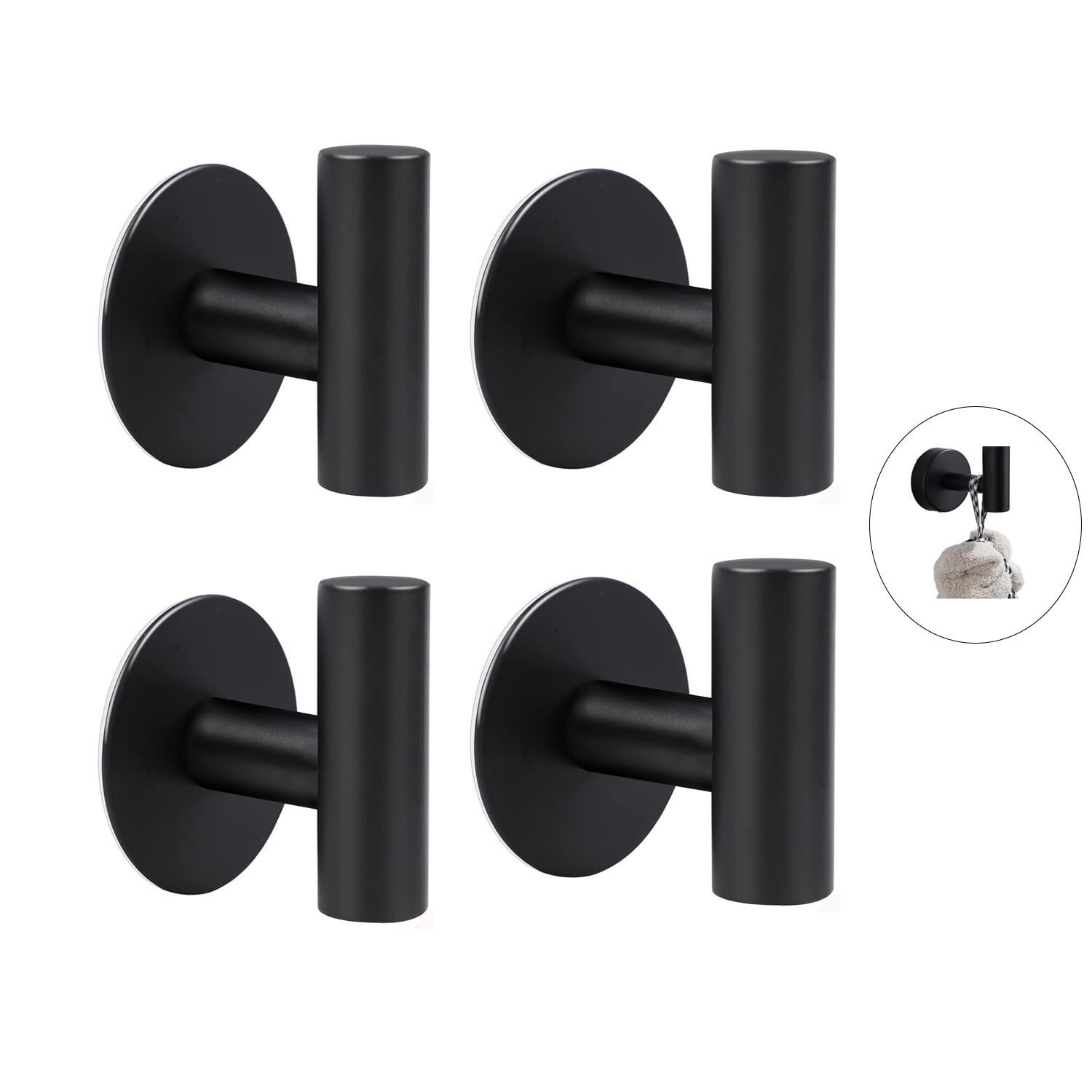 BEANPRECOY4 Pcs Self Adhesive Wall Hooks, 304 Stainless Steel Self Adhesive Hooks, Heavy Duty Anti-Skid & Anti-Rust Waterproof Hooks for Hanging Coats, Hats, Keys, Towels, Robes (Black)