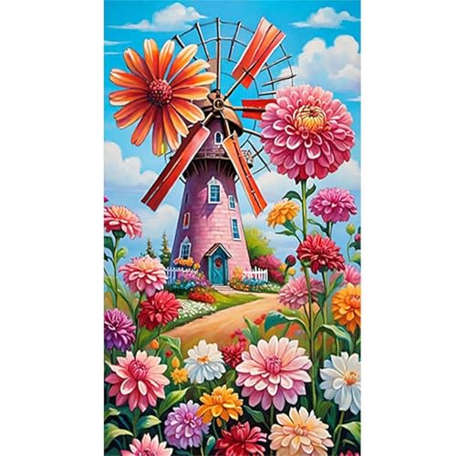 Diamond Painting Carré Moulin à vent fleuri 40x80cm Lituor DIY Broderie Diamant pour Adulte