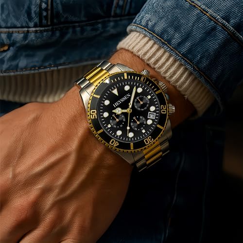 Watches For Men Quartz Stainless Steel: Dress Watch For Mens Wrist Luxury Gold And Silver Metal Two Tone Black Dial Big Analog Classic Diver Waterproof Chronograph Green Face Business Man Gift4