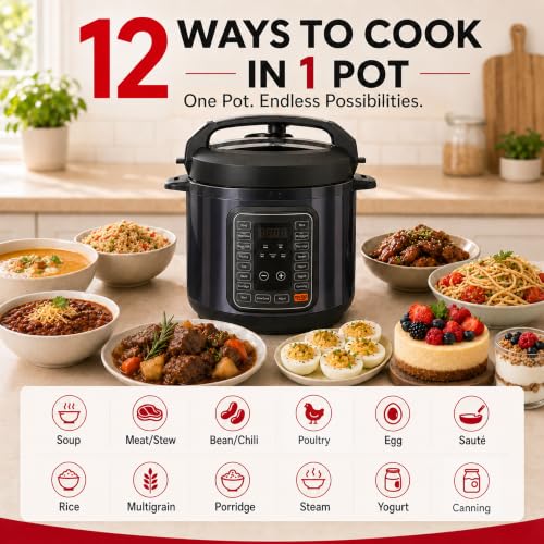Image of Simple Deluxe Electric Pressure Cooker 6Qt, 12 Presets Instant Multi Cooker, Olla de Presion Nonstick Pot 6 Quarts for Slow Cook, Rice Cook, Steam, Saute, Canning, Yogurt Maker, Warm, Black
