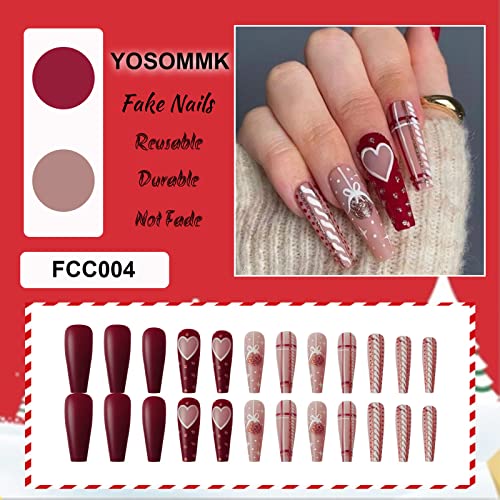 Yosommk Christmas Press On Nails Long With Heart Designs Pink+Red And White Coffin False Fake Nails Gift Artificial Nails For Women Stick On Nails With Glue On Static Nails #TOP2