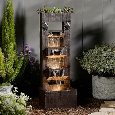 Bumilgar 40.9" H Modern Outdoor Water Fountain with LED Lights and Pump, 4-Tier Standing Cascading Waterfall - Modern Design for Garden/Patio/Yard, Multi-Level Outdoor Decor (Brown)
