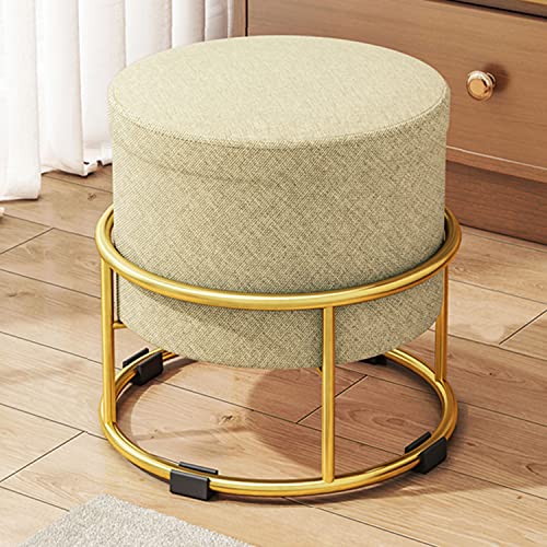 Taburete otomano con reposapiés de lino redondo ajustable con patas doradas estables 4