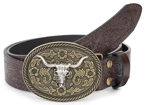 Mens Western Cowboy Belt Vintage Embossed Leather Belt With Longhorn Cow Pattern Buckle Fit 25