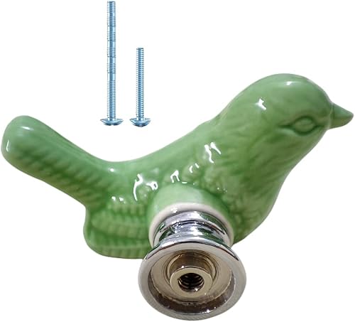Paquete de 10 pomos verdes para puerta de armario con diseño de pájaro, pomos de cerámica para cajones con tornillos de montaje, manija vintage para