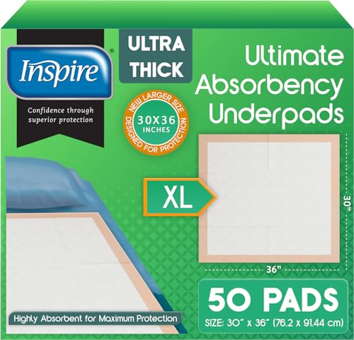 Image of Inspire Extra Large Super Absorbent Disposable Bed Pads for Chronic Incontinence Ultra Thick and Absorbent Bed Pads Disposable Adult | Pee Pads for Adults (30 inch X 36 inch Pack of 50)