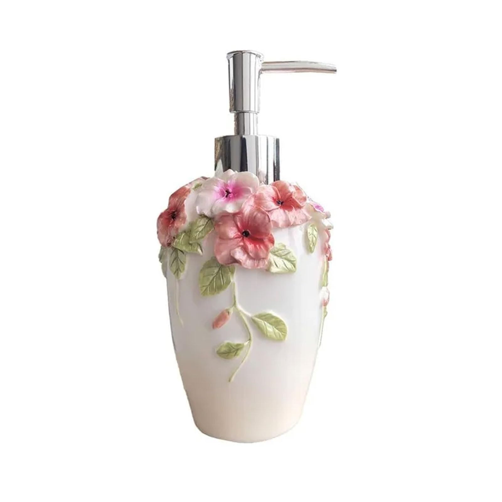 Vintage Flower Soap Dispenser Hand-Painted Resin Lotion Bottle, 10.1oz, Countertop for Bathroom Kitchen(Wei�)