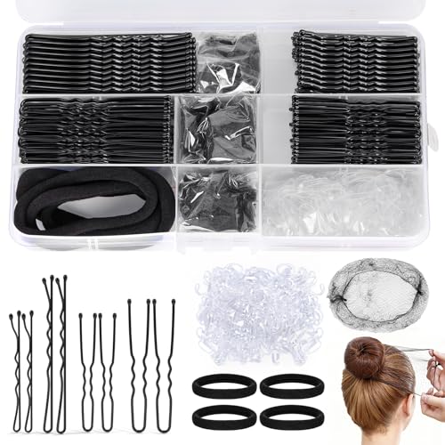 HONZUEN 385 Piezas Horquillas Pelo Mujer Kit, 150 Horquillas Moño U, 125 Pasadores de Pelo, 100 Mini Gomas para Cabello, 6 Redes Moño, 4 Scrunchies, Accesorios Juego de Pinzas Mujer con Caja, Negro