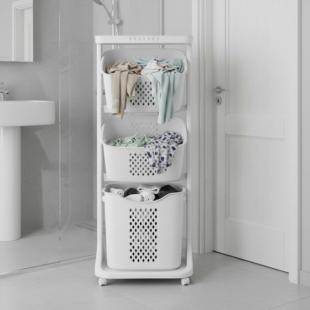 Rolling Laundry Basket, Multifunctional 3 Tire Rolling Laundry Hamper with Wheels, White Mobile Dirty Clothes Basket, Categorized Storage Organizer for Bathroom Bedroom Laundry Room