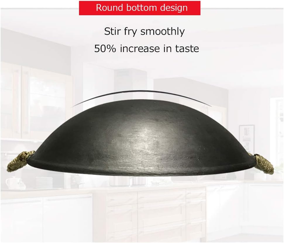 鋳鉄製中華鍋、伝統的な手打ち鍋、蓋と2つの鍋耳付き、直火鍋、キッチンツール -43cm(45cm)