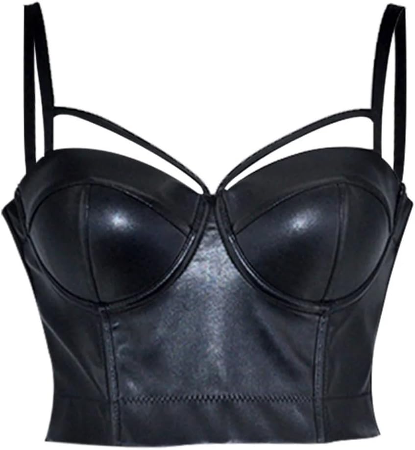 Black Leather Hollow Out Push Up Bras for Woman Plus Size Bra Sexy Nightclub Party