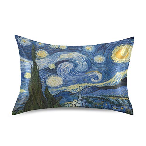 Blueangle Van Gogh The Starry Night Art Satin Pillowcase for Hair and Skin Silk Pillowcase, King Size(20x40 inches) - Satin Pillow Covers with Envelope Closure
