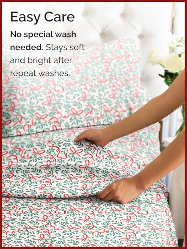 Queen Christmas Ribbon Sheet Set - Holiday Xmas Pattern Bedding Set - Deep Pockets - Snug Fit - 4 Piece - Wrinkle Free & Easy Care - Comfy Festive Winter - Holiday Sheets for Women, Men, Kids & Teens
