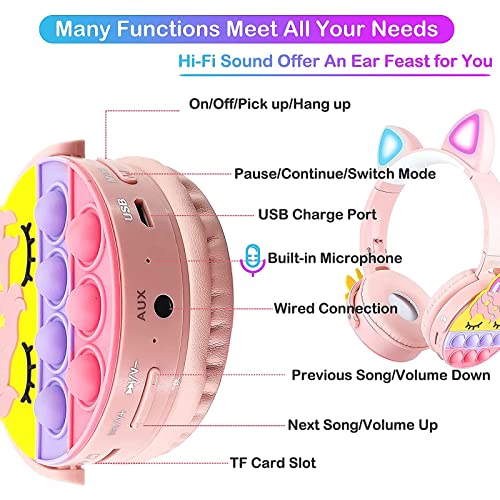 Katohr Cuffie Bluetooth senza fili Over Ear con luce LED, pieghevoli, auricolari stereo per bambini, con unicorno e luminosi, compatibili con laptop, PC, TV/smartphone - Image 8