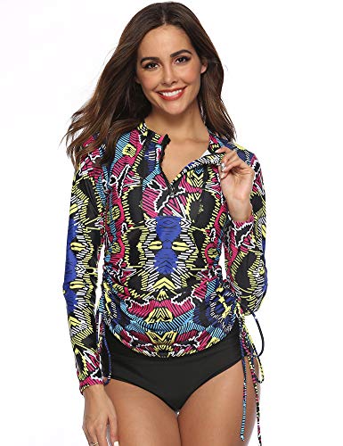Caracilia Women's Long Sleeve Half-Zip Sun Protection Rashguard Side Adjustable Swim Shirt F22-L Ca105 #TOP5