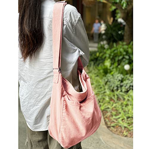 Image of Canvas Hobo Crossbody Shoulder Tote Bag for Women and Men W /Multi-pocket Casual Purse Messenger Bags Travel Work