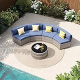 VONZOY Patio Sectional Furniture, Outdoor 5-Piece Grey Rattan Curved Sofa Set, Curved Patio Furniture with Coffee Table, Without Side Table, Fit for Pool Backyard Balcony Porch Lawn (Navy)