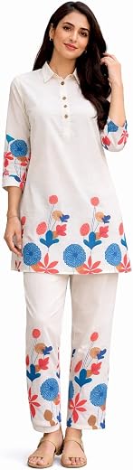 KAUHEENUR HUB Women Cream Floral Printed Kurti Pant Set, Cotton, Collar Neck, Straight Fit, 2 Piece Ethnic Set, Office and...