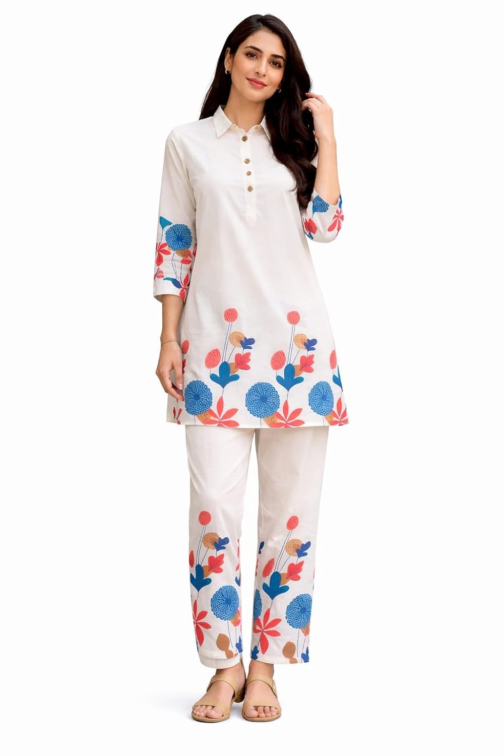 KAUHEENUR HUB Women Cream Floral Printed Kurti Pant Set, Cotton, Collar Neck, Straight Fit, 2 Piece Ethnic Set, Office and... - Review, Price and Buying Guide