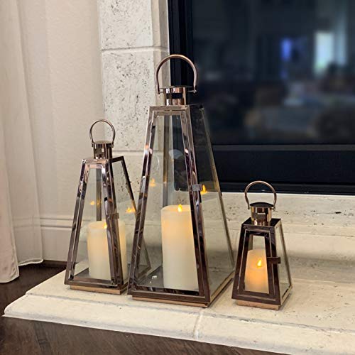 Image of allgala Lantern Jumbo Deluxe Modern Indoor /Outdoor Candle Stainless Steel Rectangular Frame with Lattice Grid Tempered Glass for Garden Poolside Fireplace Wedding (Pack of 3, 24 Inch, Rose Gold)