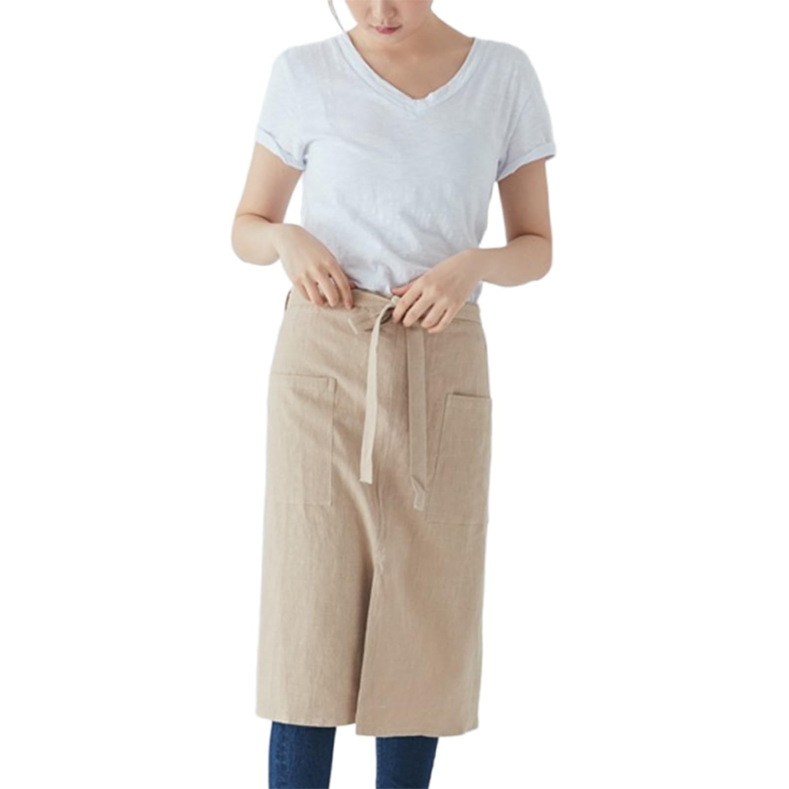Tablier en lin beige haut de gamme avec poches pour femme et homme en cuisine