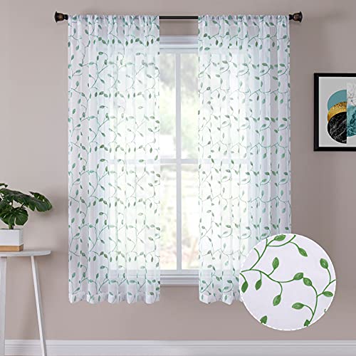 Tollpiz Cortinas Cortas traslúcidas con diseño de Hojas Verdes Bordadas para Dormitorio, con Bolsillo para Barra, de Lino sintético, para Sala de Estar, 137 x 114 cm de Largo, Juego de 2 Paneles