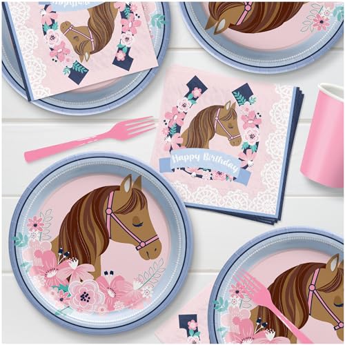Pacote de festa de cavalo e sobremesa floral Saddle Up – pratos de papel, guardanapos de bebidas, co
